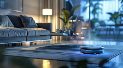 futuristic robotic vacuum cleaner tidying up a sleek modern living room 3d rendering