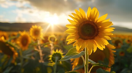 Fototapeta premium A sunflower field under the setting sun, with sunlight casting long shadows over vibrant yellow petals and green leaves.