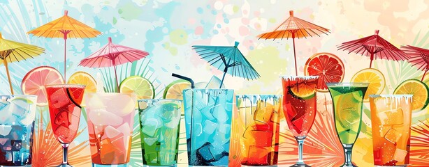 Tropical cocktail party banner with colorful drinks and umbrellas. Illustration design background, detailed, high resolution photography, professional color grading