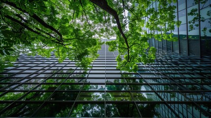 glass skyscraper facade reflecting lush green tree leaves urban nature harmony architectural photography