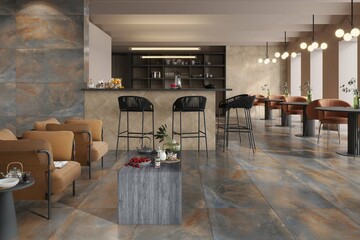 Elegant and lavish interior of restaurant, copy space. Comfortable modern dining place, contemporary design background, bar counter made of marble, lamps hanging across wall. Mockup 3D Rendering