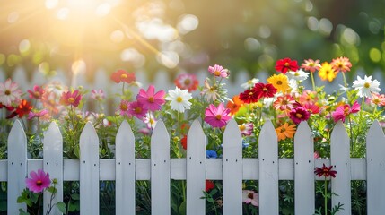 A white picket fence with colorful flowers growing on it, captured in bright sunlight. creating an inviting and cheerful scene.