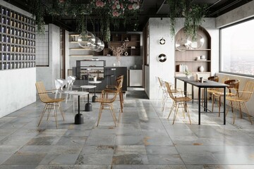 Modern Interior design of the restaurant with black and grey marble floor, wooden reception counter, on the brick wall. 3D Illustrations. 3D Rendering