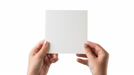 hand holding blank square paper sheet cut out on white background