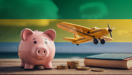 A piggy bank, coins, and a toy plane in front of the Gabon flag, depicting the relationship between financial planning, travel, and dreams in the Gabon