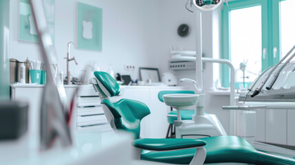 Interior of a modern dental office, with medical equipment, dental chair and instruments
