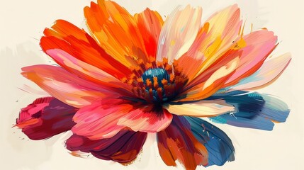 Illustrate vibrant petals in a minimalist style. Depict a single flower with bright, colorful petals, using simple shapes and a bold color palette. Arrange the petals in a dynamic composition that
