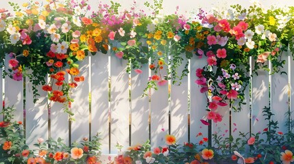 A white picket fence with colorful flowers growing on it, captured in bright sunlight. creating an inviting and cheerful scene.