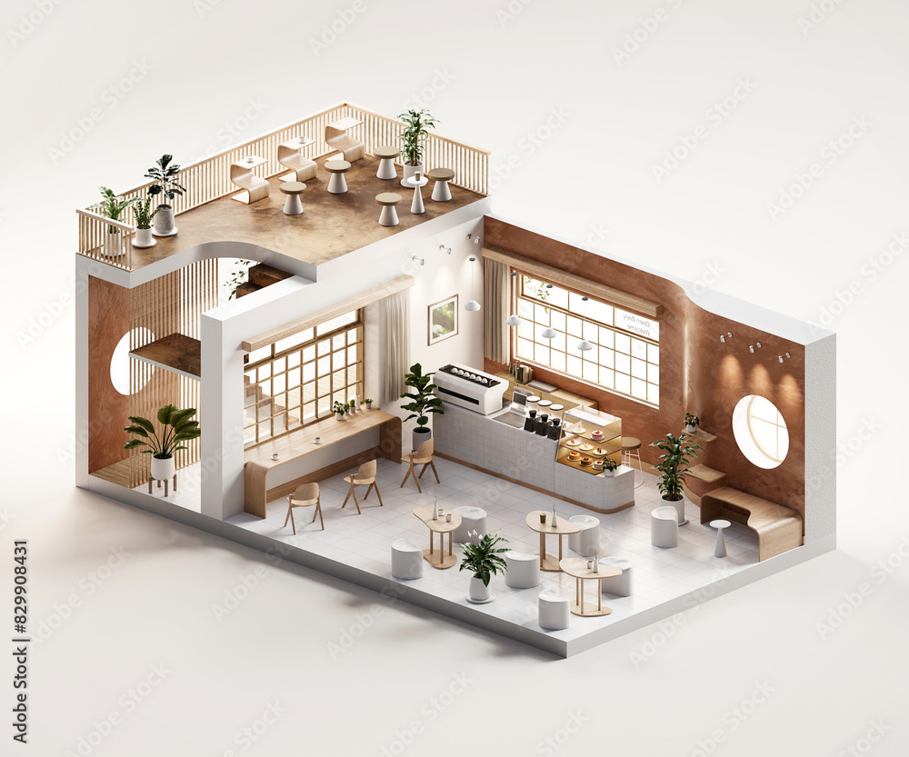 Poster isometric room minimal cafe store open inside interior architecture 3d rendering