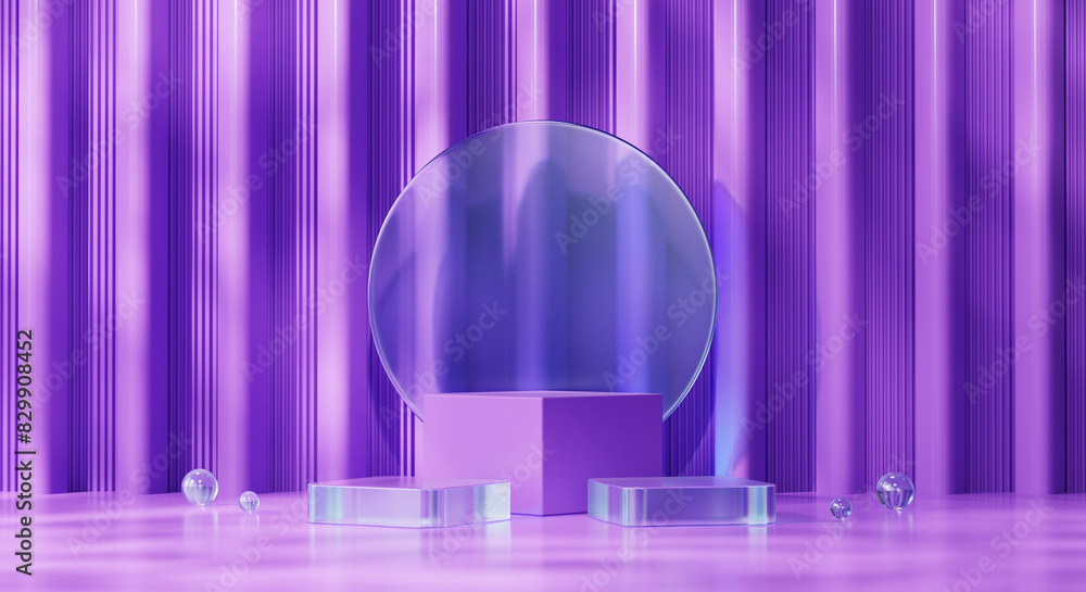 Poster violet stage platform with neon light for product display 3d rendering
