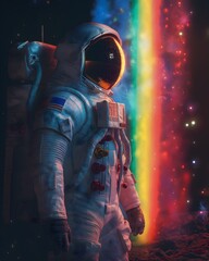 astronaut looking at a rainbow on the surface of the moon, psychedelic, vibrant rainbow colors only, spiritual
