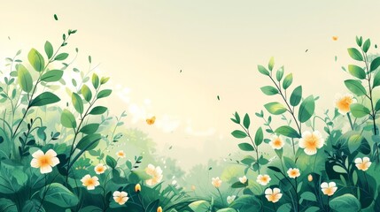 Illustrate springtime freshness in a minimalist style. Depict a simple scene with fresh green leaves, blooming flowers, and a clear sky. Use soft colors and clean lines to convey the crisp,