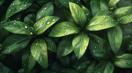 Fototapeta premium Create a digital illustration of fresh greenery with dewdrops. Depict a cluster of leaves with sparkling dewdrops, using clean lines and a fresh green color palette. Emphasize the freshness and