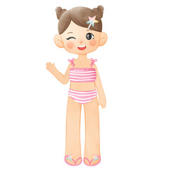 Little Girl in Swimsuit, Summer Illustration, Summertime Clipart Hand Drawn