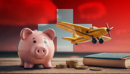 A piggy bank, coins, and a toy plane in front of the Switzerland flag, depicting the relationship between financial planning, travel, and dreams in the Switzerland