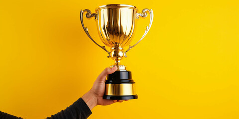 hand holding golden trophy award copy space yellow background