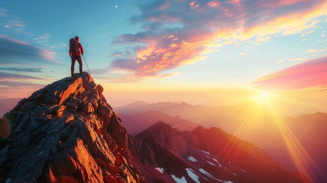 hiker standing triumphantly on mountain peak at sunset inspiring goals and achievements concept
