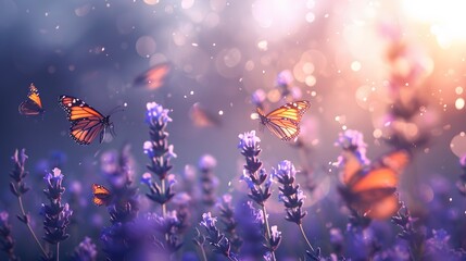 Beautiful butterflies in the air, surrounded by lavender flowers, beautiful and dreamy, with a bokeh background and blurred background, with blue and purple tones.