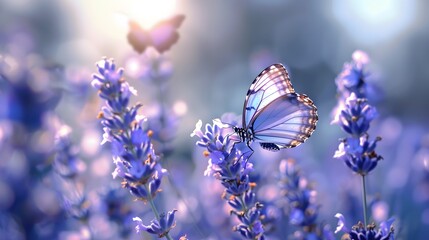 Beautiful butterflies in the air, surrounded by lavender flowers, beautiful and dreamy, with a bokeh background and blurred background, with blue and purple tones.