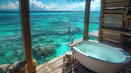 A white bathtub on the shore of a beautiful turquoise ocean