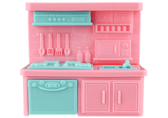 Toy furniture kitchen set for a dollhouse in pink and turquoise tones isolated on a transparent background. Completely in focus.