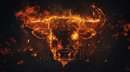 [flat 2d vector illustration of the Taurus zodiac sign, astrology style, made of fire, darker around edges, blacker background, darker background, no bloom, no glow