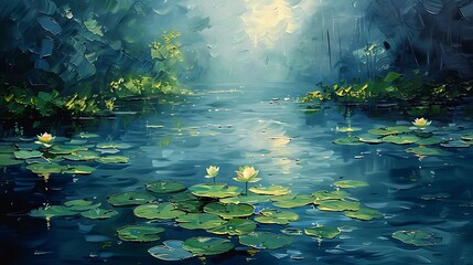 Claude Monet-inspired pond scene, impressionist style, abstract water lilies, reflective waters, vibrant colors, soft brushstrokes, serene and peaceful, light and airy, rich greens, blues.