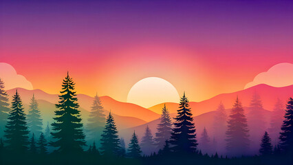 Tranquil Nature Escape - Vibrant Sunset Over Silhouetted Pine Trees and Mountains with Majestic Clouds in a Gradient Sky