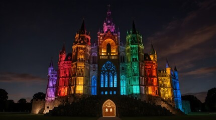 Obraz premium A picture of a majestic castle with stained glass windows illuminating its chambers in a myriad of colors ai_generated