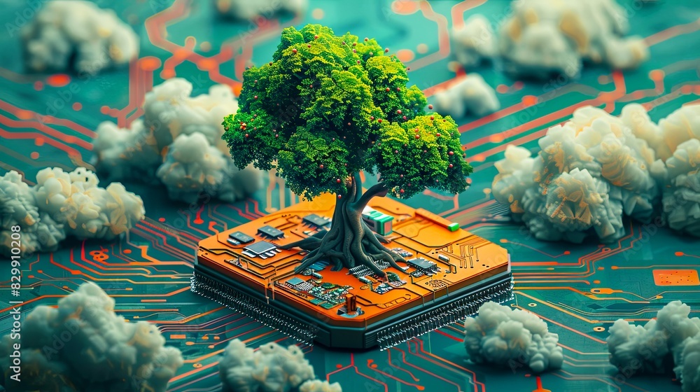 Poster a lush green tree grows from a computer chip surrounded by white clouds on a circuit board.