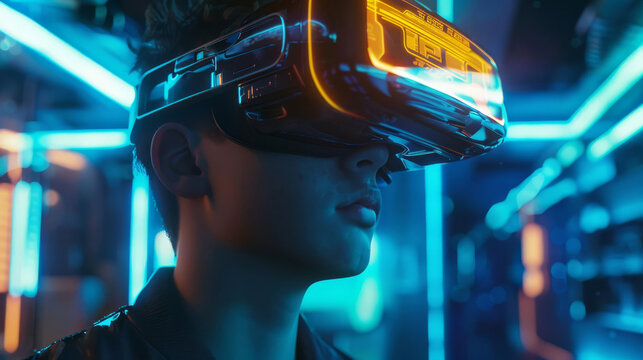 A cyberpunkinspired setting with a young man exploring a virtual reality world through a hightech headset