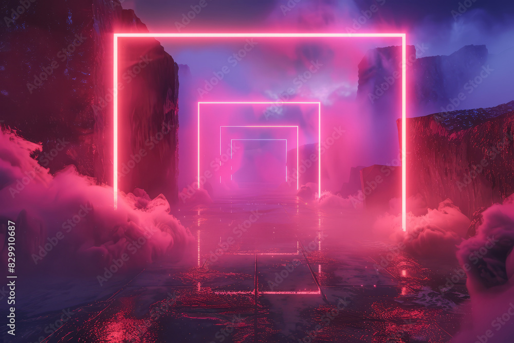 Poster 3d render of futuristic neon light tunnel with glowing square portals