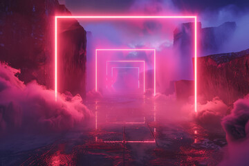 3D render of futuristic neon light tunnel with glowing square portals