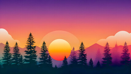Tranquil Nature Escape - Vibrant Sunset Over Silhouetted Pine Trees and Mountains with Majestic Clouds in a Gradient Sky
