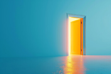 Open yellow door with glowing light in blue room