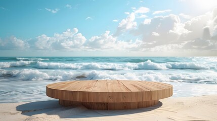 Empty beautiful round wooden podium on sandy beach background summer concept.