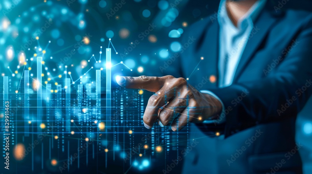 Poster businessman interacts with virtual data visualization, highlighting digital analytics and futuristic
