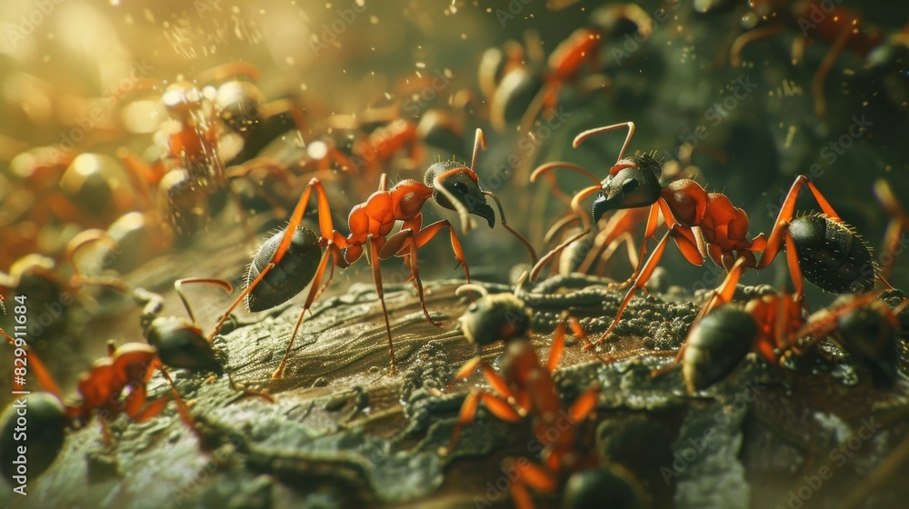 Poster Ants carrying out a coordinated raid on a rival colony, demonstrating their strategic behavior in defending their territory.
