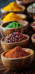 Fototapeta premium A collection of vibrant spices displayed in wooden bowls, perfect for culinary photography, food blogs, and gourmet cooking visuals.