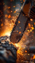 Close-up of a chainsaw cutting wood, with glowing sparks and sawdust flying in the air, highlighting intense action and precision.