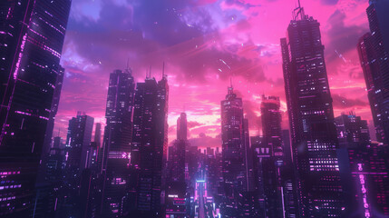 Cyberpunk cityscape with towering skyscrapers and vibrant pink skies