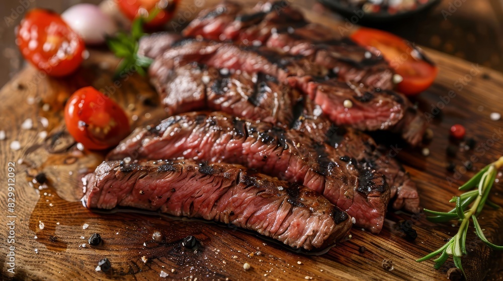 Wall mural juicy grilled beef steak slices with perfect char marks appetizing food photo