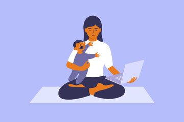 Working mother with crying baby. Female meditating on yoga mat holding small child and laptop in hand. Work life balance of woman on maternity leave. Young mom healthy wellbeing vector illustration
