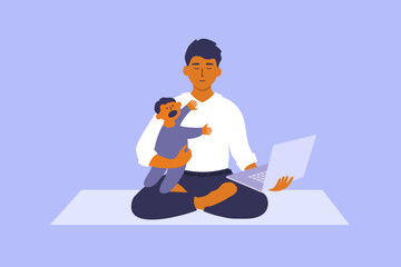 Working father with crying baby. Male meditating sitting yoga pose holding small child and laptop in hand. Work life balance of man on maternity leave. Young dad healthy wellbeing vector illustration