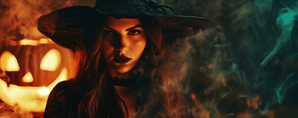 beautiful woman in witch costume with black hat and long brown hair, dark lips and makeup is standing near glowing pumpkin lanterns against the background of smoke