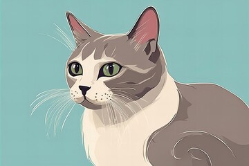 A cat with green eyes is sitting on a blue background