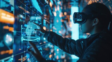 A person using augmented reality glasses to interact with 3D data visualizations in a futuristic environment