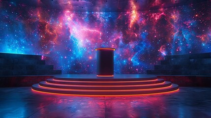 A sleek podium on a stage with a backdrop of a space-themed digital galaxy. Minimal and Simple style