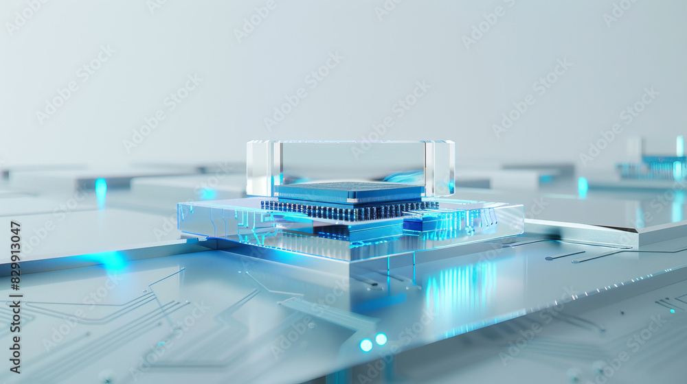 Poster futuristic microchip with blue circuit lines on a reflective surface