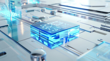 Fototapeta premium Futuristic microchip with blue circuit lines on a motherboard